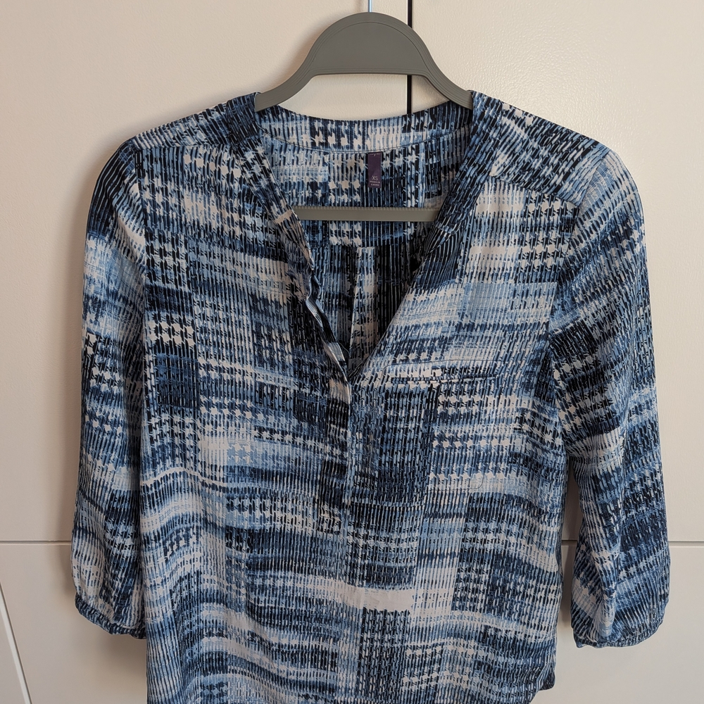 NYDJ Navy and White Plaid Blouse